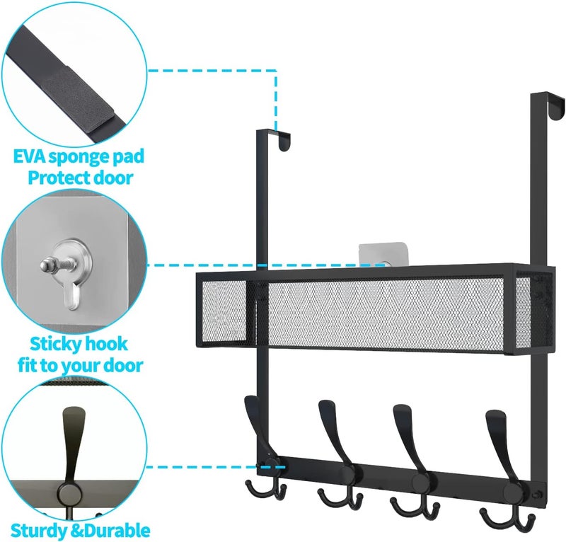 Kaiferty Over The Door Hooks Organizer,Over Door Hanger Towel Rack Mesh Basket with 12 Hooks,Back of Door Storage Organizer for Bedroom,Bathroom,Kitchen,Office(Black) - Image 5
